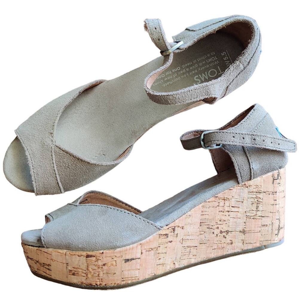 TOMS Platform Wedge Sandals Taupe Suede